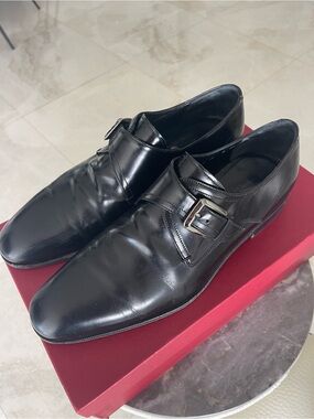 💯 authentic Salvatore Ferragamo Black Single Monk Strap Leather Shoes I